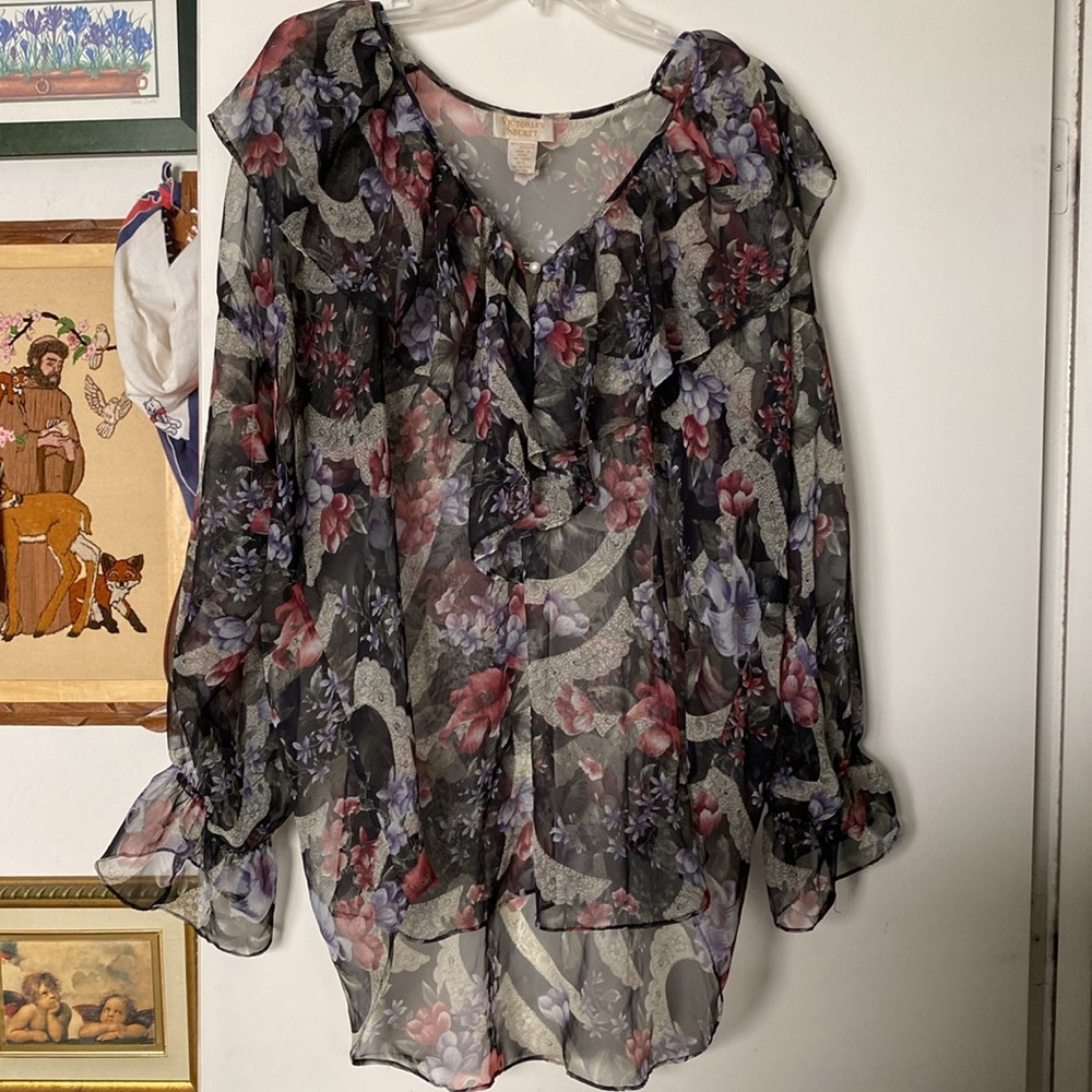 Vintage Victoria’s Secret sheer floral bell sleeve lingerie dress top
